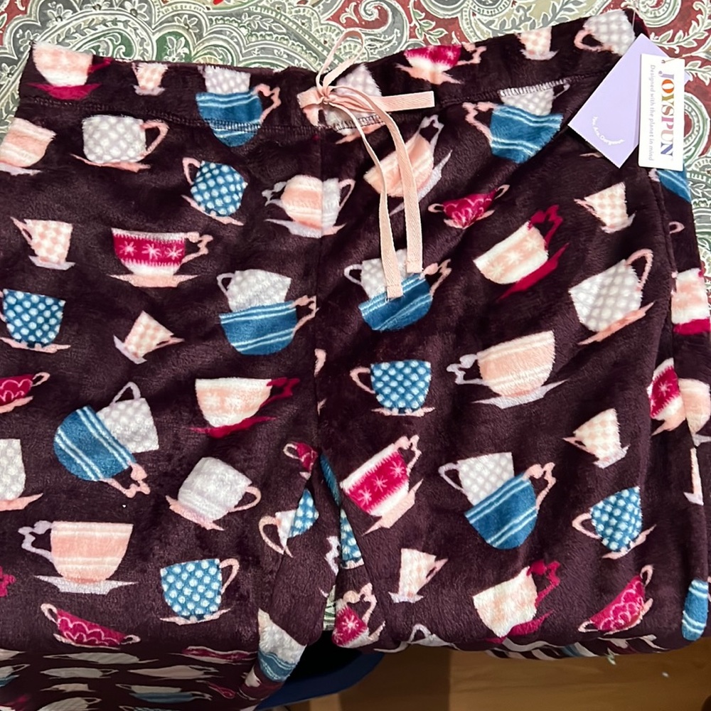 Joyspun Women’s Black Tea Cup Print Plush Pajama Pants - Pink Blue Cream